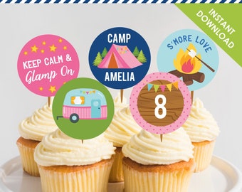 Camping Glamping Cupcake Toppers | 2" Party Circle | Camp Fire Birthday Party | DIY Digital Printable PDF Instant Download You Edit