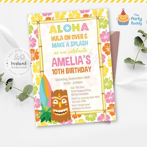 Editable Tiki Luau Invitation | Aloha Hawaiian Birthday Colorful Summer Pool Party Invite | Corjl Instant Download Digital File Printable