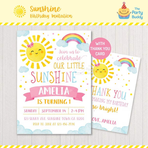 Sunshine Rainbow Girls Party Invitation | Summer Sun Shine 1st Birthday | Thank You Card | PERSONALIZED Invite Digital Printable PDF File