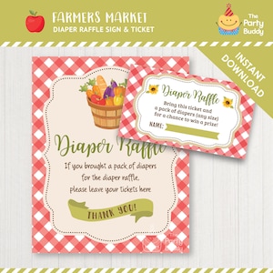 Boerenmarkt luier loterij ticket kaart & poster teken | Klassieke rode pastel baby shower jongen meisje | DIRECT DOWNLOADEN | PDF digitaal afdrukbaar