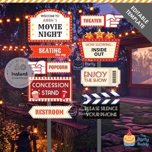 Puede incluir: Letreros imprimibles para una fiesta de noche de cine. Los letreros son rojos, blancos y negros con un tema de cine vintage. Los letreros incluyen "Bienvenido a la noche de cine de Aiden", "Asientos por este lado", "Palomitas", "Concesión", "Baño", "Cine", "Ahora en cartelera: Intensa-Mente", "Disfruta del espectáculo", y "Por favor, silencia tu teléfono".