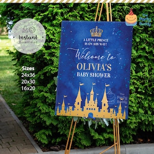 Bearbeitbar Royal Prince Baby Shower Willkommensschild | Blau Gold Geburtstag Poster Banner Party Dekoration | Digitale Datei Corjl SOFORT Download