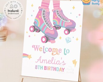 Welkomstbord rolschaatsfeest meisjes | Meisjes rolschaatsen verjaardag welkomstposter bewerkbaar digitaal bestand | Corjl-sjabloon direct downloaden