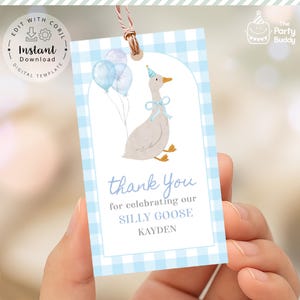 Etiqueta de regalo de ganso tonto imprimible / Tarjeta de agradecimiento de ganso para niño con cuadros azules editables / Archivo digital Plantilla Corjl Descarga instantánea