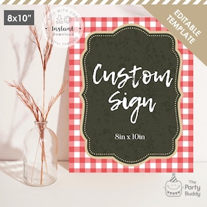 Editable Farm Party Sign Custom Text 8x10 | Garden Picnic School Farmers Market BBQ | Red Gingham Poster | Digital Instant Download Corjl