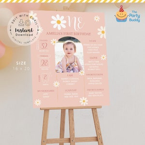 Cartel editable de Daisy Milestone / Girl Daisy Flower Boho 1er signo de cumpleaños con foto / Plantilla Corjl imprimible digital Descarga instantánea