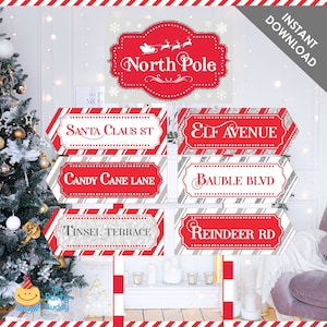North Pole Street Signs Printable Decoration | Christmas Santa Road Directional Arrow Signage | Digital PDF INSTANT Download | ThePartyBuddy