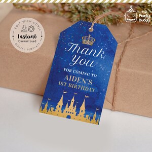 Obrigado real editável do príncipe você etiqueta | Tag do presente do favor do castelo do aniversário dos meninos do ouro dos azuis marinhos imprimíveis | Arquivo Digital Corjl Download INSTANTÂNEO