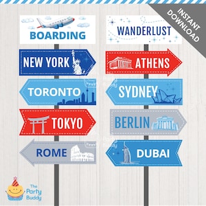 Segnali per città di viaggio Decorazione per feste di compagnie aeree / Segnaletica direzionale per destinazione di aereoplano / Download immediato di PDF stampabile digitale