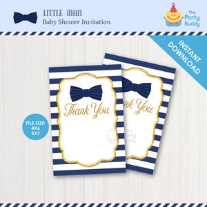 Bowtie Thank You Card Navy Gold | Douche de bébé de petit homme de garçon | 4x6 5x7 Notes de remerciement | Téléchargement INSTANTANÉ PDF JPG Digital Printable File