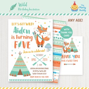 Tribal Fox Wild Geburtstagseinladung für Jungen | Wald-Freund Teepee Boho | Dankeschön-Karte | PERSONALISIERTE Einladung DIGITAL druckbare PDF-Datei
