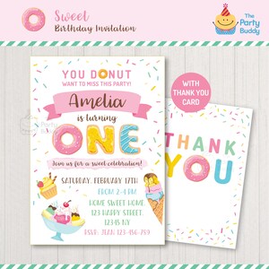 Donut vermisst die Partei Einladung | Girls Sweet ONE Birthday Donut Sundae Bar | Danke Karte | Personalisierte Einladung Digital Printable PDF