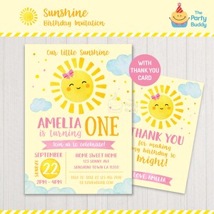 Invito alla festa del sole Il nostro piccolo sole shine ragazza primo compleanno Biglietto di ringraziamento PERSONALIZED Invita file PDF stampabile digitalmente