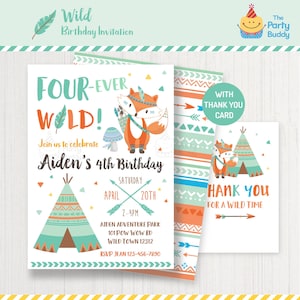 FOUR Ever Wild Einladung Jungen 4. Geburtstag | Fuchs Tribal Teepee | Dankeskarte | Personalisierte Einladung DIGITAL Druckbare PDF-Datei