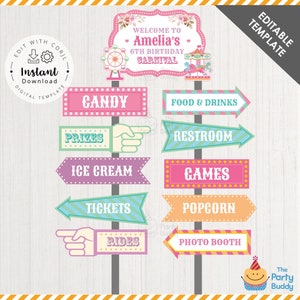 Editable Carnival Party Signs Decoration | Girl Circus Birthday Sign Welcome Signage | Digital Printable Corjl Template INSTANT Download