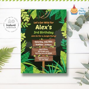 Diseño de invitación de cumpleaños con temática de jungla editable / Invitación a fiesta de cumpleaños de niños / Imprimible digitalmente / Descarga instantánea de plantilla Corjl