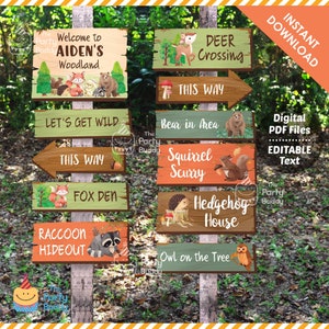 Woodland Animal Party Signs Birthday Decoration / Forest Baby Shower Welcome Signage / Digital Printable PDF INSTANT Download Testo MODIFICABILE