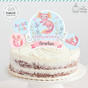 Axolotl Cake Topper Printable Editable | Girls Pink Axolot Birthday Centerpiece Cupcake Decor | Digital File Corjl Template Instant Download