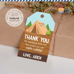 Editable Camping Favor Tag | Boys Camp Birthday Party Treat Thank You Tags | Corjl Template Digital File Instant Download