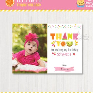 写真付き印刷可能な Tutti Frutti サンキュー カード | 女の子のフルーティーで甘い誕生日 | 写真を挿入 | フルーツ パーティー | デジタル PDF ファイル