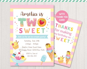 Ice Cream Party TWO Sweet Invitation Printable | Girls 2nd Birthday | Thank You Card | Personalized Invite Digital PDF