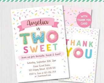 Two Sweet Sprinkle Donut Invitation Printable | Girls 2nd Birthday Party | Thank You Card | Sweet Pink | PERSONALIZED Invite Digital PDF