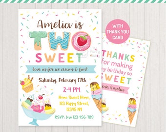 Two Sweet Ice Cream Party Invitation | Girls 2nd Birthday | Thank You Card | Sweet Treats | Personalized Invite Digital Printable PDF