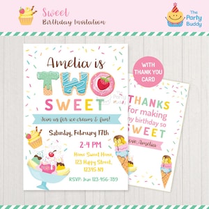 Invitación para fiesta de helados dulces, segundo cumpleaños de niña, tarjeta de agradecimiento, dulces, invitación personalizada, archivo PDF imprimible digital