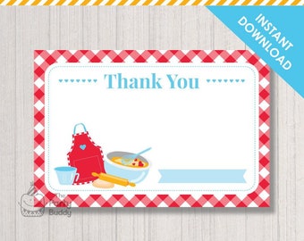 Cooking Party Thank You Card | Girls Little Chef Birthday Red Theme | Thank You Notes 4x6 | DIY Digital Printable | Instant Download PDF
