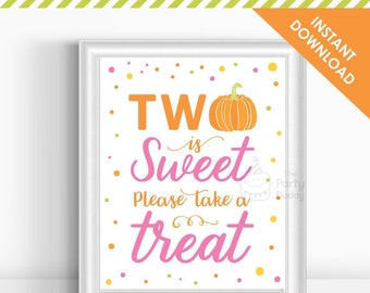 Pumpkin Party TWO is Sweet Take a Treat 8x10 Sign | Girls Fall 2nd Birthday | Digital File PDF Instant Download | Pink Orange