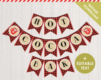 Hot Cocoa Bar Banner Digital Printable EDITABLE Text | Winter Holiday Hot Chocolate Party Decor | Buffalo Plaid | INSTANT Download PDF Files
