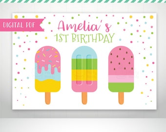 Ice Cream Birthday Backdrop PDF DIGITAL Printable | Summer Popsicle Pop Ice Party Large Poster | PERSONALIZED File | Print Yourself