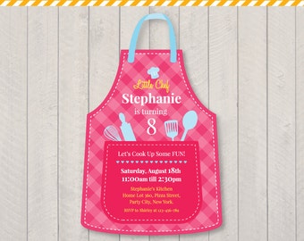Cooking Party Birthday Invitation Design | Girls Little Chef Party | Apron Shaped | DIY Digital Printable | Personalized Invite