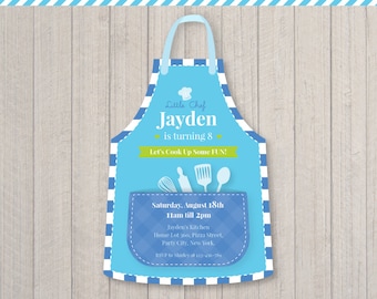 Cooking Party Birthday Invitation Design | Boys Little Chef's Party | Blue Theme Apron Shape | DIY Digital Printable | Personalized Invite