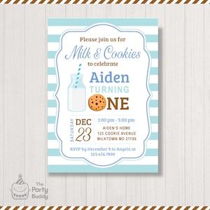 May include: A blue and white striped invitation for a first birthday party. The invitation features a cartoon milk bottle and cookie with the text "Please join us for Milk & Cookies to celebrate Aiden turning one". The party is on December 23rd from 1:00 pm to 3:00 pm at Aiden's home. RSVP by 9th December to Angela at 123.456.7890.