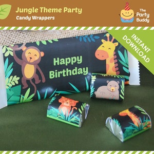 May include: Printable jungle-themed candy bar wrappers with a black background and colorful animal illustrations. The wrappers feature a monkey, giraffe, tiger, and bear. The text "Happy Birthday" is printed on the wrapper.
