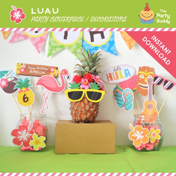 Luau Summer Party Centerpiece Decorations | Editable Text | Pool Beach Hawaiian Birthday Decor | Digital Printable PDF Instant Download