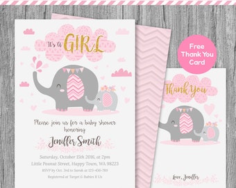 Little Peanut On The Way BABY SHOWER Invitation | Its a Girl | Pink Gray Elephant | Thank You Card | Digital Printable | PERSONALIZED Invite