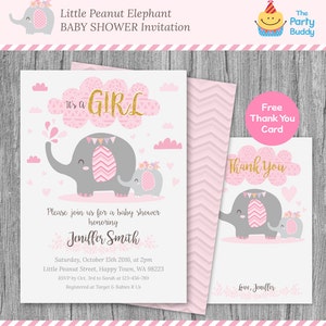 Piccola arachidi sulla strada BABY SHOWER Invito La sua una ragazza Elefante Grigio Rosa Biglietto di ringraziamento Stampabile in digitale Invito PERSONALIZED