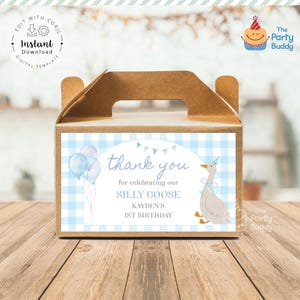 Etiqueta imprimible editable para caja de regalo de fiesta de Silly Goose Blue Gingham / Tarjeta de agradecimiento de Goose / Archivo digital Plantilla Corjl Descarga instantánea