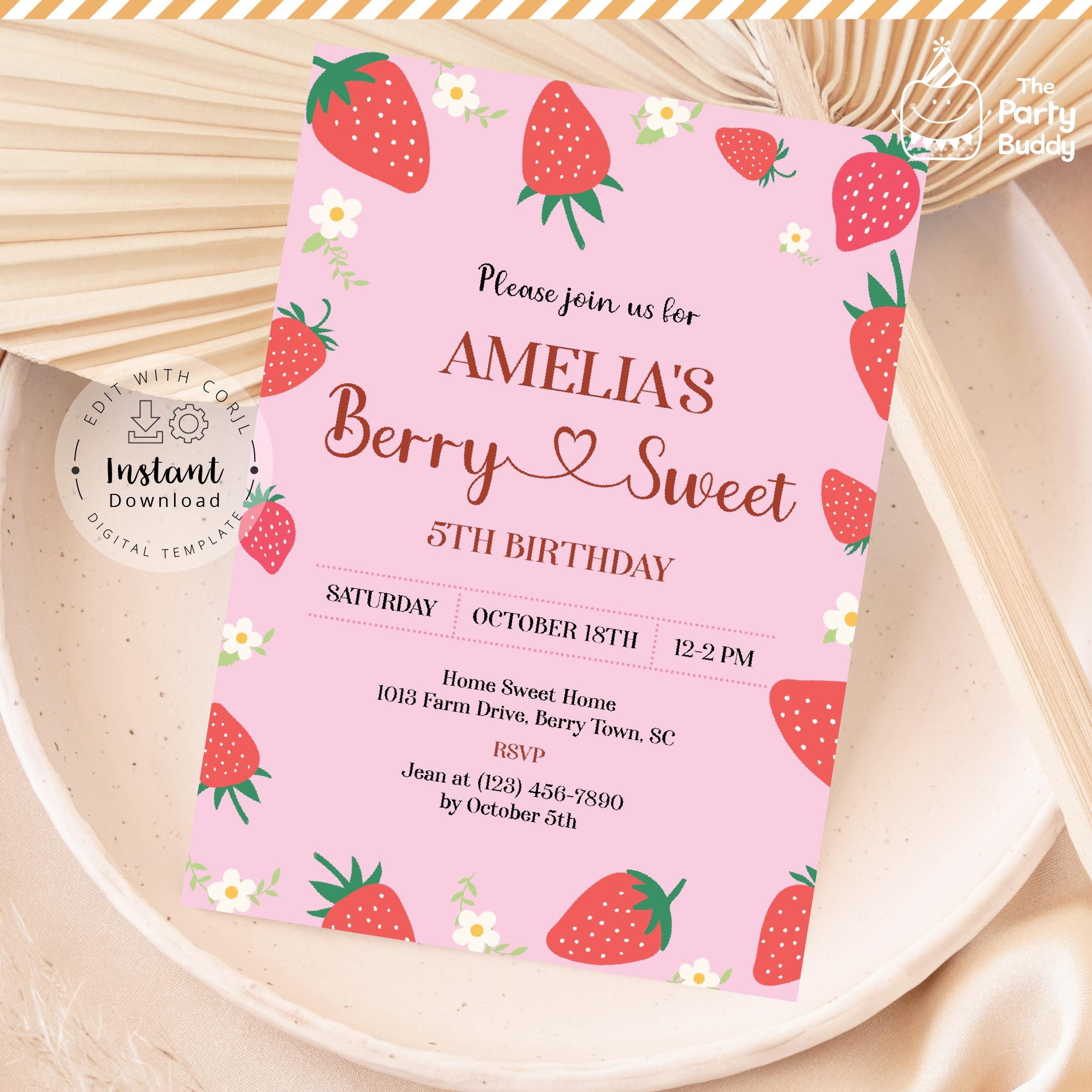 Editable Strawberry Birthday Invitation | Fruity Berry Sweet Girl Pink ...