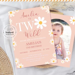 Editável TWO Wild 2nd Birthday Invitation | Convite para fotos florais de flores de margaridas Boho para meninas | Arquivo digital Corjl Template Edit Download instantâneo