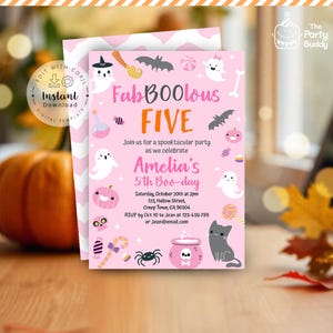 May include: Pink and white Halloween party invitation with a cute ghost, bats, and a cauldron. The text reads "Fab Boolous Five" and "Amelia's 5th Boo-day".