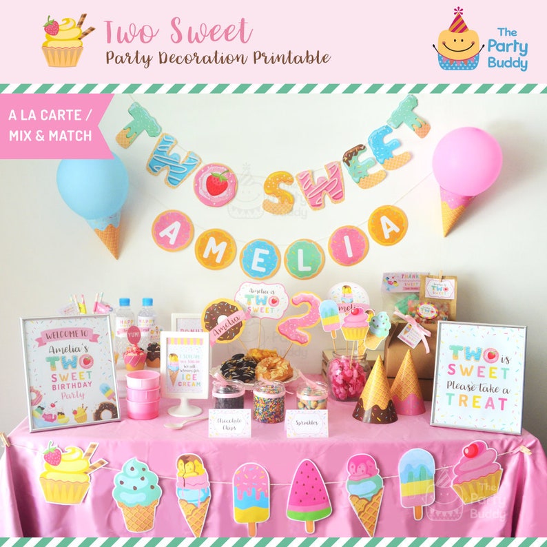TWO Sweet Ice Cream Sundae Donut Party | Mix Match A la Carte | DIGITAL File Decor DIY Printable Kit | Girls 2nd Birthday | Personalized pdf 