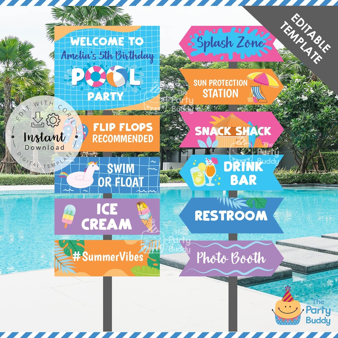 Editable Pool Party Signs Decoration Summer Boy Girl Birthday