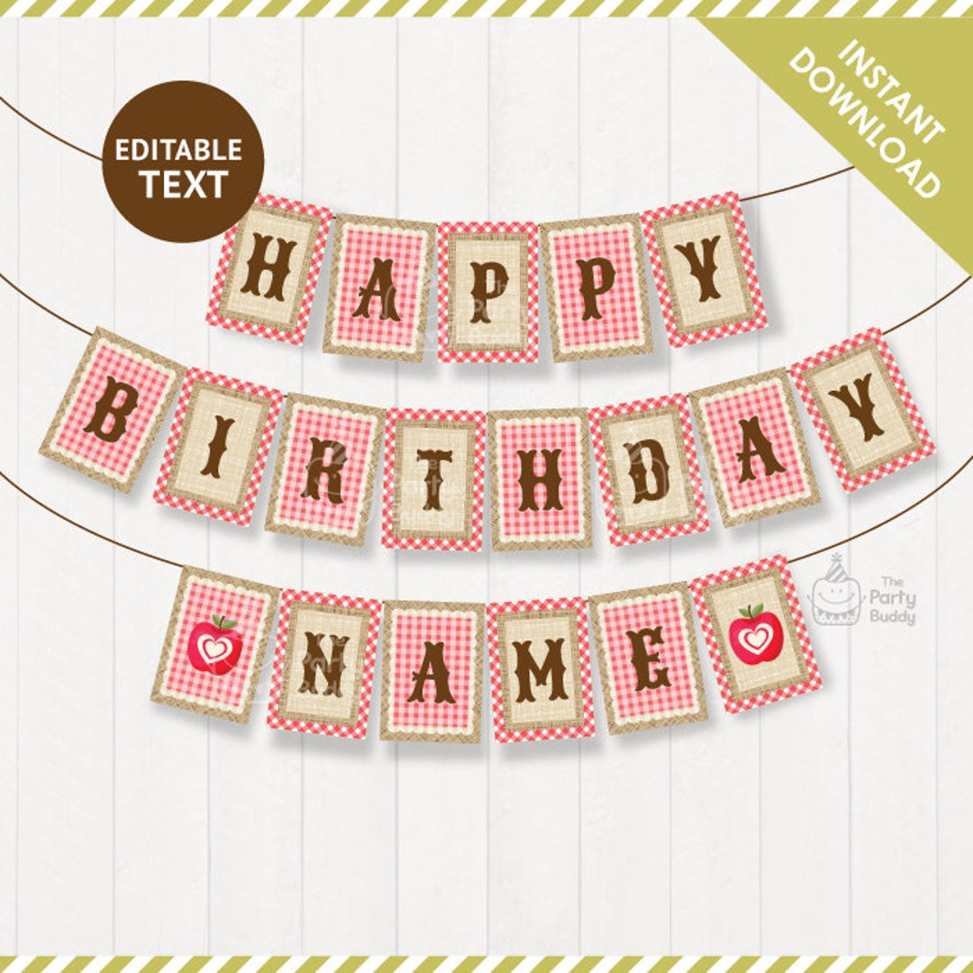 Happy Birthday Banner Editable Text | Burlap Pattern Red Gingham ...