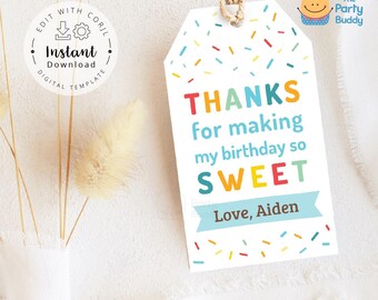 Étiquette de remerciement modifiable pour un anniversaire doux | Etiquette de cadeau d'anniversaire colorée pour garçon | Modèle numérique Corjl imprimable à téléchargement immédiat