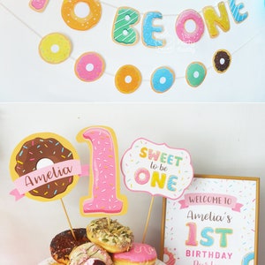 Sweet to be ONE Girls 1st Birthday Party Pack Donut Party Kit Personalized Digital PDF Printable Files Package DIY image 2