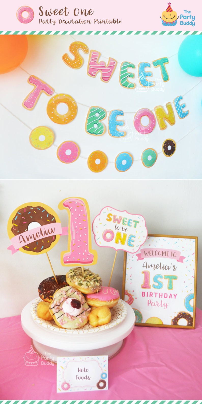 Sweet to be ONE Girls 1st Birthday Party Pack Donut Party Kit Personalized Digital PDF Printable Files Package DIY image 2