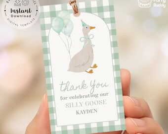 Silly Goose Green Favor Tag Label Printable | Editable Thank You Card Goose Birthday Shower | Digital File Corjl Template Instant Download